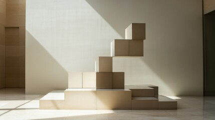Aufkleber - An abstract arrangement of building blocks in a minimalist art gallery, Blocks forming intricate patterns, Contemporary abstract style