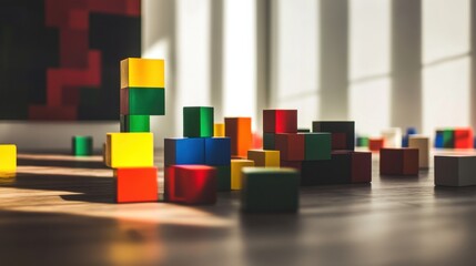 Aufkleber - An abstract arrangement of building blocks in a minimalist art studio, Blocks arranged in geometric patterns, Modern minimalist style