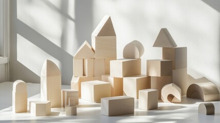 Aufkleber - An abstract arrangement of building blocks in a minimalist art studio, Blocks forming intricate geometric patterns, Contemporary abstract style