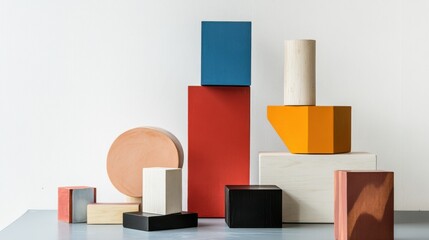 Aufkleber - An abstract arrangement of building blocks in a minimalist art studio, Blocks forming intricate geometric patterns, Contemporary abstract style