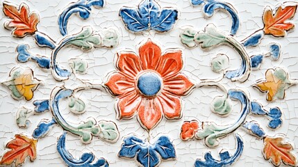 Poster - Antique porcelain design showcasing delicate floral motifs with vibrant colors on a textured white surface