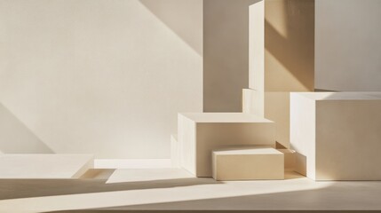 Poster - An abstract arrangement of building blocks in a minimalist showroom, Blocks forming intricate geometric patterns, Minimalist elegance style