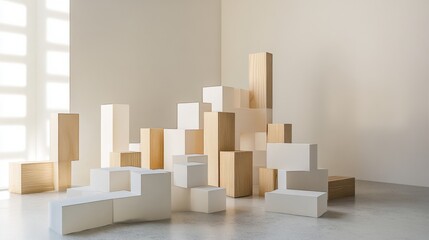 Aufkleber - An abstract arrangement of building blocks in a minimalist studio, Blocks forming intricate patterns, Contemporary abstract style