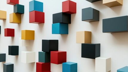 Aufkleber - An abstract arrangement of building blocks in a minimalist showroom, Blocks forming intricate patterns, Contemporary minimalist style