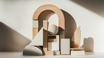 Aufkleber - An abstract arrangement of building blocks in a minimalist showroom, Blocks forming intricate patterns, Contemporary minimalist style