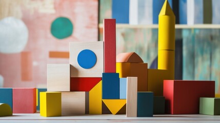 Poster - An abstract arrangement of building blocks in an artist's studio, Blocks forming geometric sculptures, Avant-garde artistic style