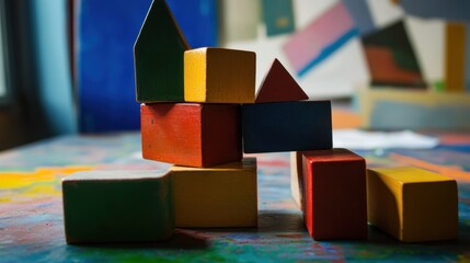 Poster - An abstract arrangement of building blocks in an artist's studio, Blocks forming geometric sculptures, Avant-garde artistic style