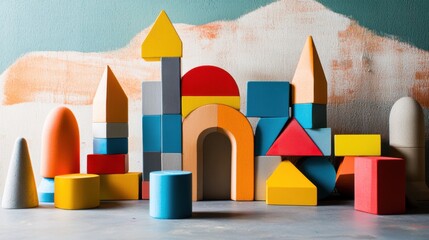 Poster - An abstract arrangement of building blocks in an avant-garde art studio, Blocks forming minimalist sculptures, Contemporary artistic style