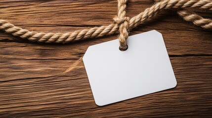 Poster - blank tag tied with rope on rustic wooden surface creative space for labeling or writing your ideas 