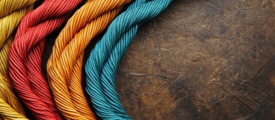 Poster - Colorful display of vibrant fiber cords in orange brown and turquoise with textured background and ample space for creative text input