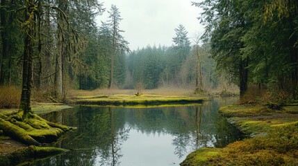 Poster - Serene swamp landscape with moss-covered trees reflecting in calm water under a cloudy sky