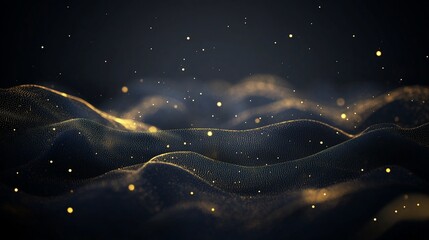 Wall Mural - abstract dark background with golden particles and wavy lines.