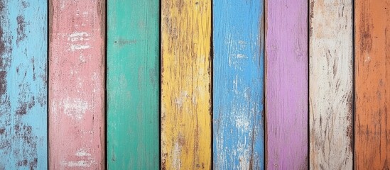Poster - colorful vintage wooden boards with peeling paint showcasing aged rustic texture and ample space for