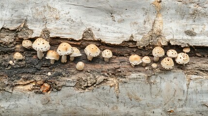 Poster - Minimalist forest scene with delicate mushrooms growing on textured tree bark in natural light