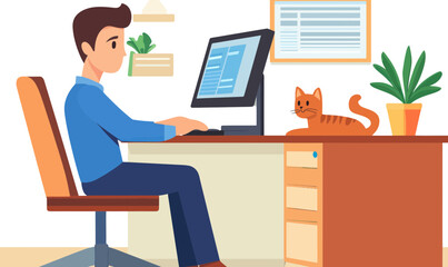 Poster - Home Office Productivity with Computer and Cat in Minimalist Flat Vector Style