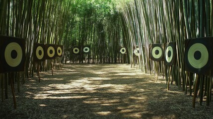 Poster - An archery range nestled in a serene bamboo forest, Targets positioned amidst bamboo groves, Zen-inspired sporting style