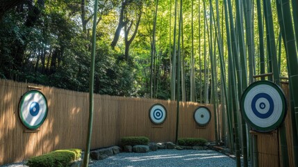 Poster - An archery range nestled in a serene bamboo forest, Targets positioned amidst bamboo groves, Zen-inspired sporting style