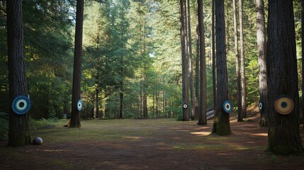 Poster - An archery range nestled in a serene forest clearing, Targets amidst towering pine trees, Forest sanctuary style