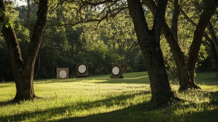 Poster - An archery range nestled in a serene forest glade, Targets amidst ancient oak trees, Forest sanctuary style