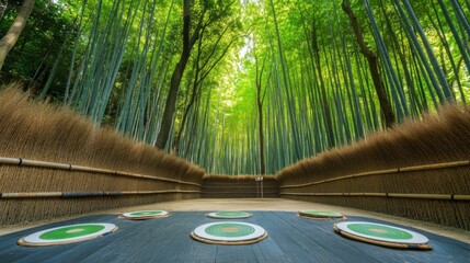 Poster - An archery range nestled in a tranquil bamboo forest, Targets amidst swaying bamboo groves, Zen-inspired sporting style