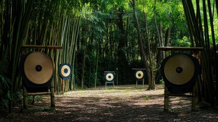 Poster - An archery range nestled in a tranquil bamboo forest, Targets amidst swaying bamboo groves, Zen-inspired sporting style
