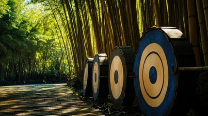 Poster - An archery range nestled in a tranquil bamboo forest, Targets amidst swaying bamboo groves, Zen-inspired sporting style