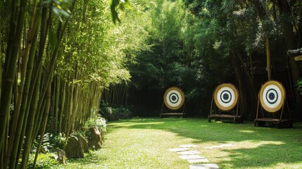Poster - An archery range nestled in a tranquil bamboo grove, Targets surrounded by lush greenery, Zen-inspired sporting style