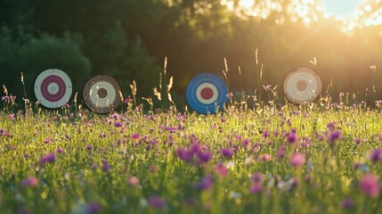 Aufkleber - An archery range set in a sunlit meadow, Targets placed among blooming wildflowers, Rustic elegance style