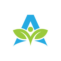 Aufkleber - The image shows a flat monogram logo design of an initial letter A in blue color with a green abstract leave human image that looks clean on a white background