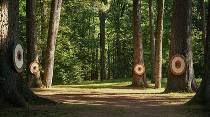Poster - An archery range tucked away in a tranquil forest glade, Targets amidst towering trees, Forest sanctuary style