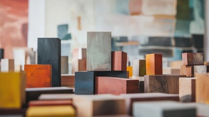 Aufkleber - An artistic studio with blocks used in abstract sculptures, Blocks arranged for artistic expression, Contemporary art style
