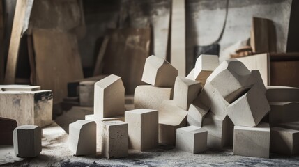Aufkleber - An artistic studio with blocks used in abstract sculptures, Blocks arranged for artistic expression, Contemporary art style