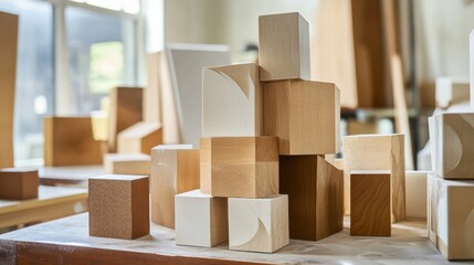 Aufkleber - An artistic studio with blocks used in abstract sculptures, Blocks arranged for artistic expression, Contemporary art style