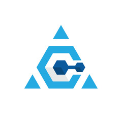Poster - The image shows a geometric logo design of a hexagonal icon inside a triangle shape that looks clean and sharp in blue color on a white background