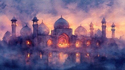 Wall Mural - Sunset watercolor, illuminated mosque, tranquil reflection.