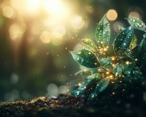 Poster - Glowing Leaves with Dew Drops in a Lush Green Forest with Sunlight and Bokeh Effect