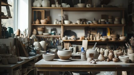 Poster - An atmospheric pottery studio with pottery wheels and clay tools, Ceramic art creation style, photo of