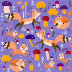 Wall Mural - Wonderful forest seamless pattern with foxes, mushrooms, trees, flowers, leaves and berries