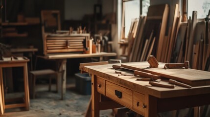 Poster - An atmospheric woodworking workshop with hand tools and custom furniture, Bespoke woodworking craftsmanship style, photo of