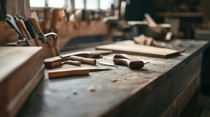 Poster - An atmospheric woodworking workshop with hand tools and custom furniture, Bespoke woodworking craftsmanship style, photo of