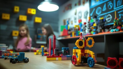 Aufkleber - An educational robotics lab with students programming robots constructed from blocks, Blocks integrated into educational robotics projects, STEM education style