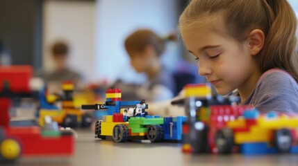 Aufkleber - An educational robotics lab with students programming robots constructed from blocks, Blocks integrated into educational robotics projects, STEM education style