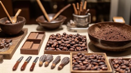 Poster - An elegantly set up artisan chocolate-making workshop, Cocoa beans and confectionery tools in meticulous display, Gourmet chocolate craftsmanship style