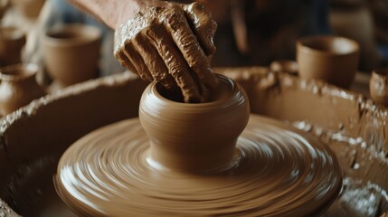 Aufkleber - An elegantly set up pottery wheel and ceramics studio, Clay pots spinning under expert hands, Artisanal ceramic style