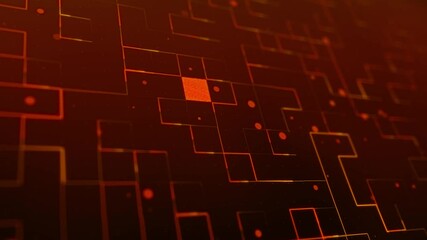 Poster - Orange matrix glowing lines and particles grid on an abstract background, bokeh effect, horizontal composition. Loop animation footage for graphic design.
