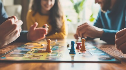 Poster - An engaging board game session in a cozy living room, Board games set up for a strategic play, Family game night style