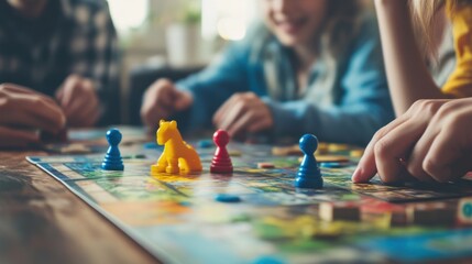 Poster - An engaging board game session in a cozy living room, Board games set up for a strategic play, Family game night style