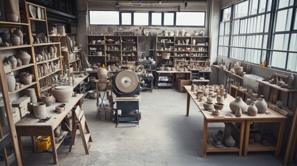 Poster - An expansive pottery workshop filled with artisanal tools and clay sculptures, Workbenches adorned with pottery wheels and crafting materials, Industrial artisan style