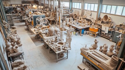 Poster - An expansive pottery workshop filled with artisanal tools and clay sculptures, Workbenches adorned with pottery wheels and crafting materials, Industrial artisan style