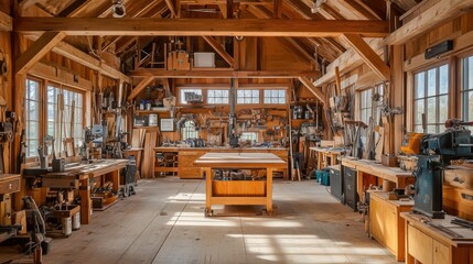 Poster - An expansive woodworking studio with handcrafted furniture and tools, Woodworker's haven amidst sawdust and woodworking machinery, Rustic craftsmanship style